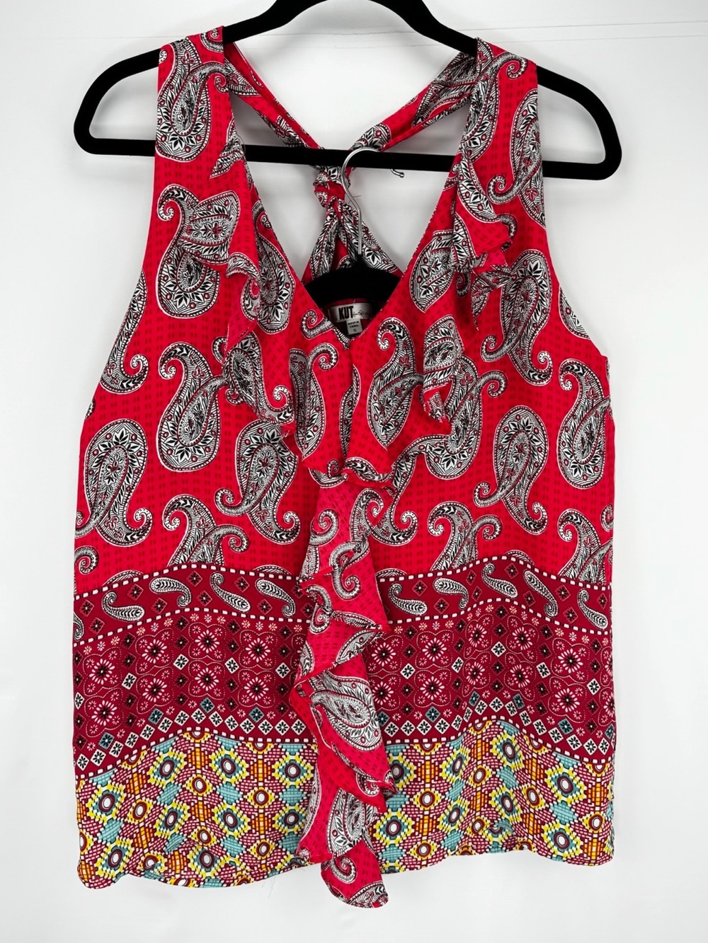 Red Paisley Ruffle-Front Sleeveless Halter Tank Top